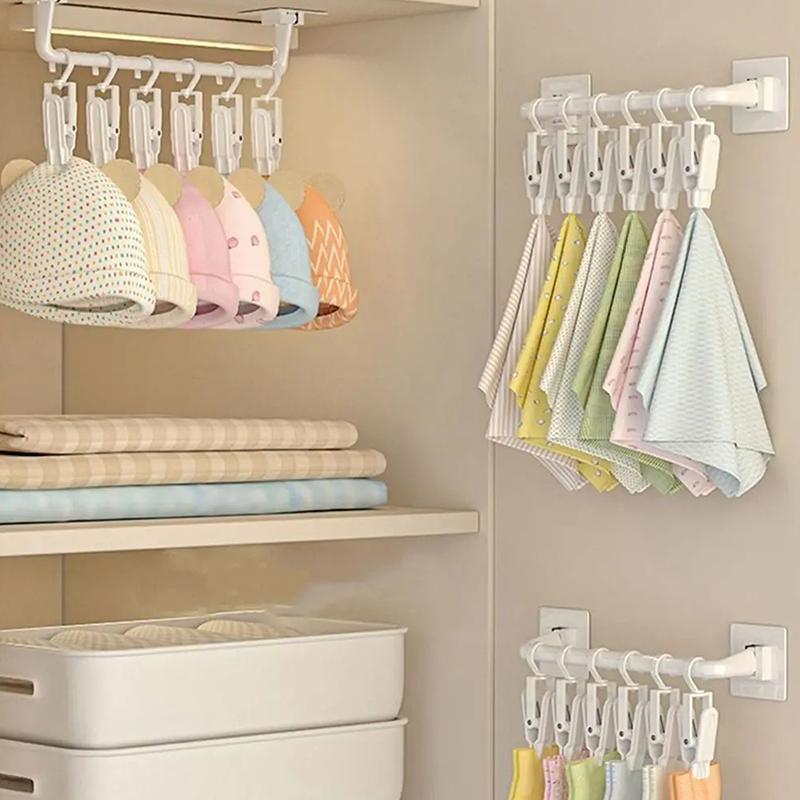 White Kids Wardrobe Hanging Rod Punch-Free Wall Mounted Hat Storage Rack With Clips Plastic Baby Saliva Towel Hook For Home