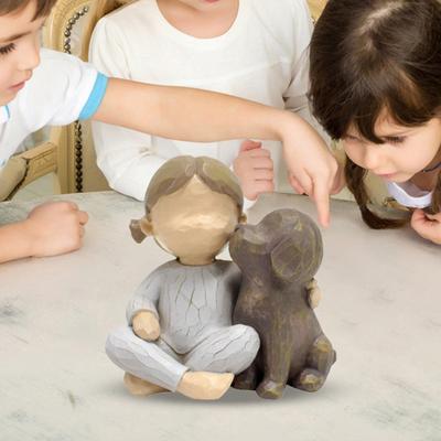Girl Dog Resin Figurine Kids Puppy Statue Sculpture Home Office Desktop Decoration Ornament Christmas Dog Lovers Memorial Gift