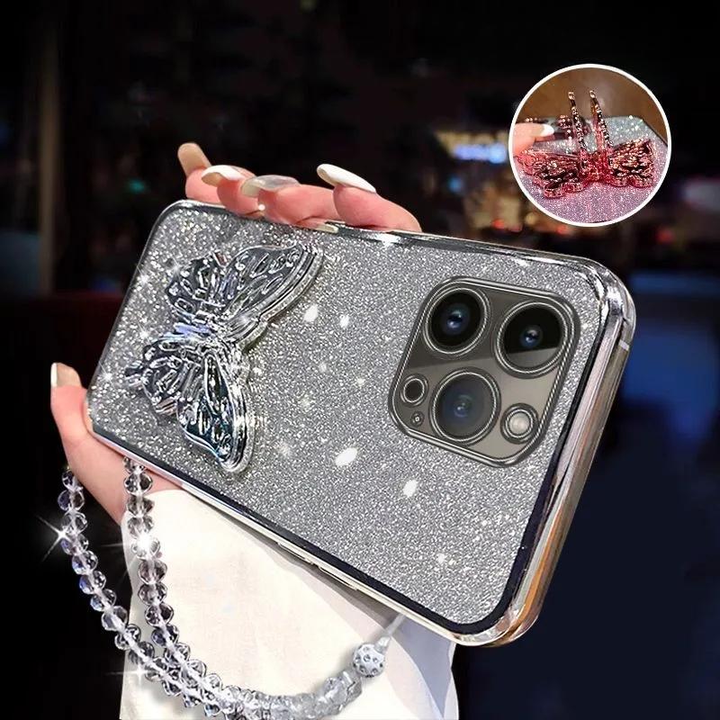 3D Butterfly Phone Holder Crystal Bracelet Glitter Plating Case for Iphone 15 14 13 12 Mini 11 Pro XS Max XR 8 7 Plus Cover