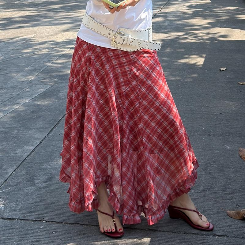 

Chiffon Lightweight Draping Irregular Hem Checkered Skirt S червоний