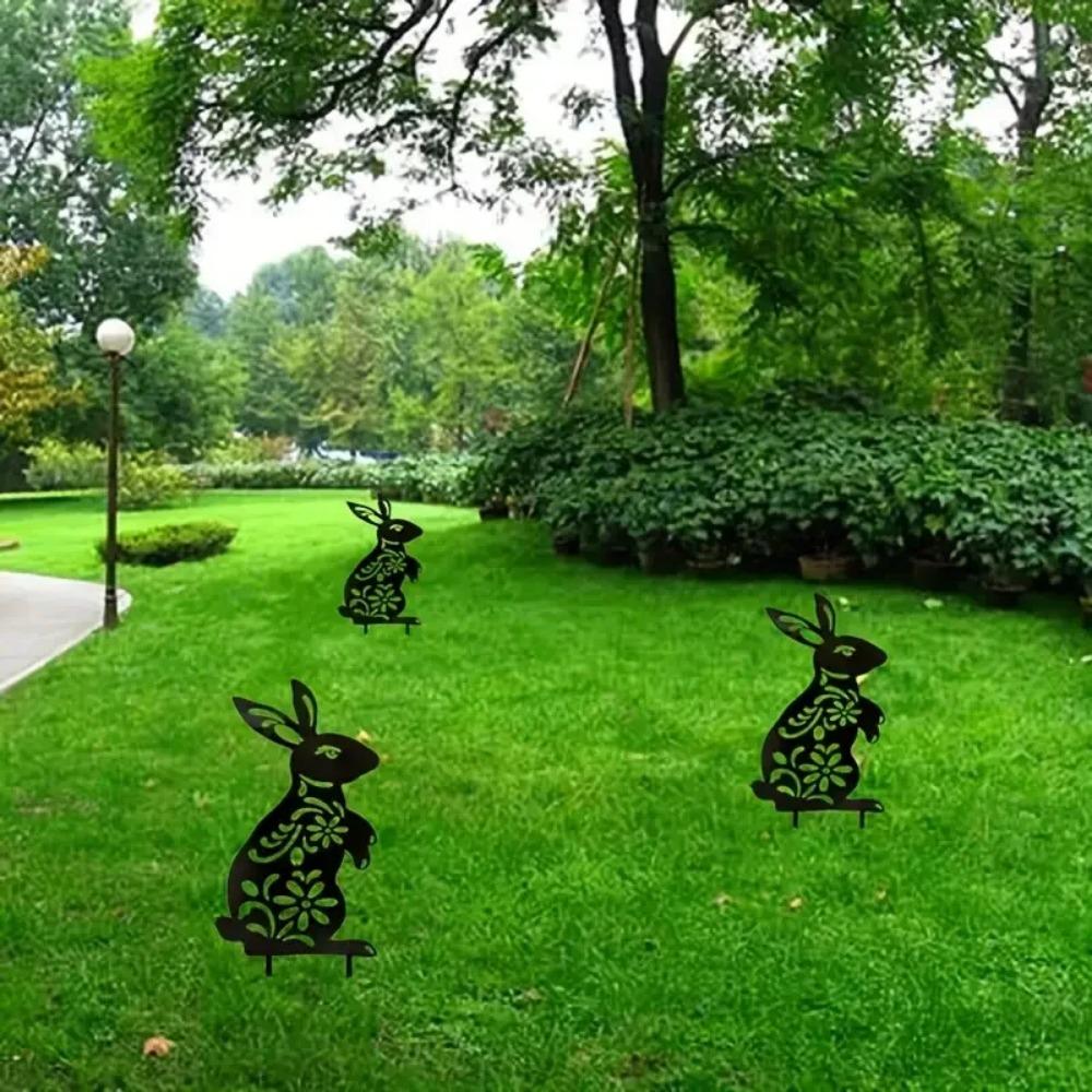 Animal Silhouette Bunny Rabbit Garden Stake - Yard Art for Lawn, Patio, and Home Decor with Floral Cutouts