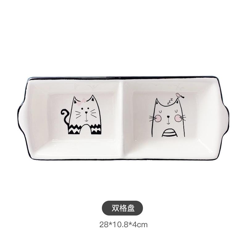 

Cute Cat Ceramic Seasoning Dish Kitchen Three-Compartment Platter Rectangle Sauce Home Dipping Plate Vinegar Soy Snack Dishes