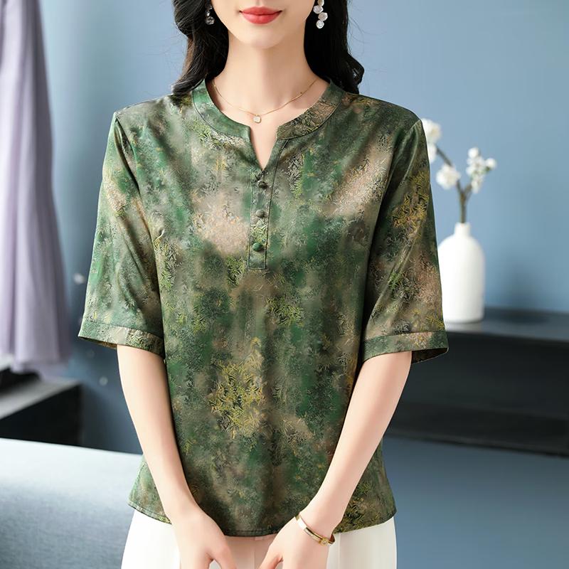 Mid-Age Women's New Chinese Style Printed Half-Sleeve T-Shirt