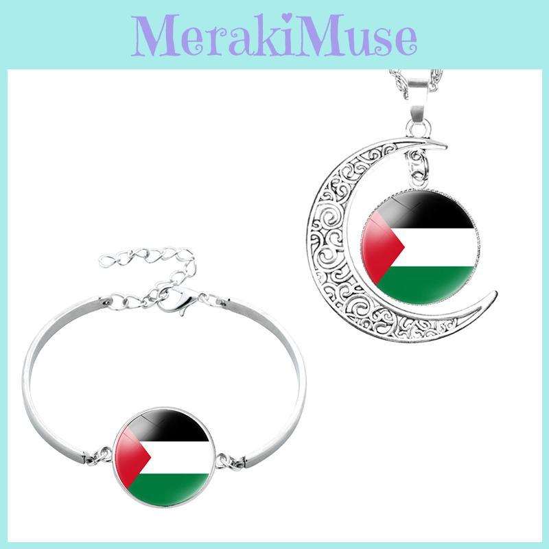 Handcrafted Palestinian Flag Design Moon Pendant Necklace Factory Direct Sale