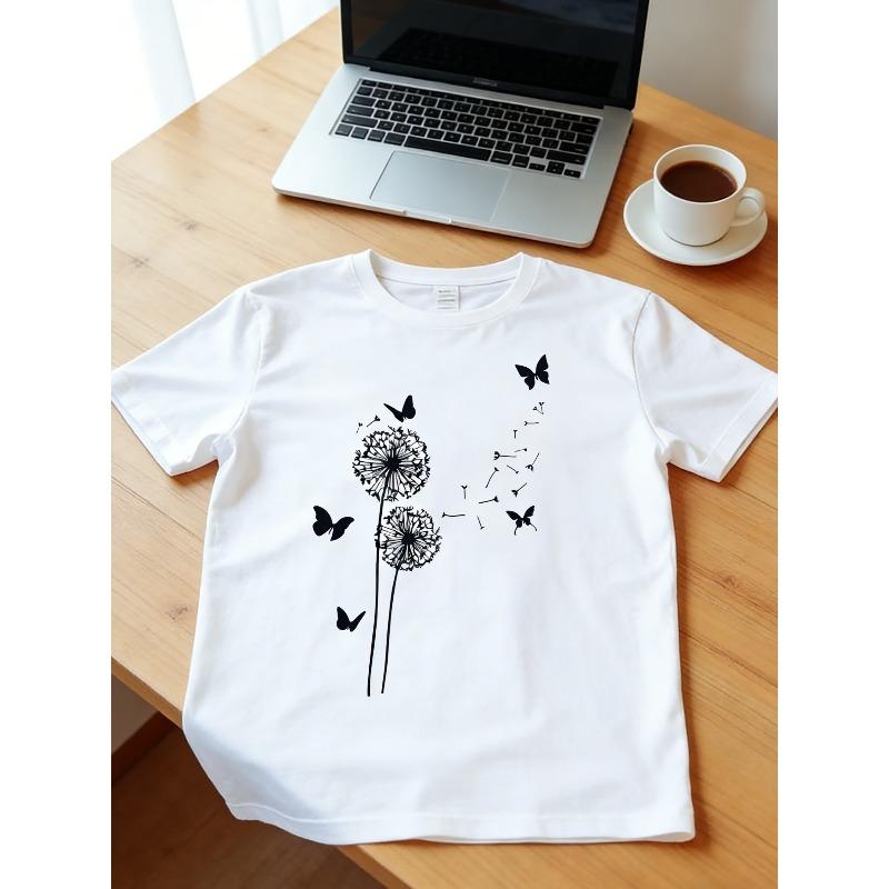 Women's Dandelion Butterfly Print Tee Round Neck Short Sleeve Summer Casual Comfort Top