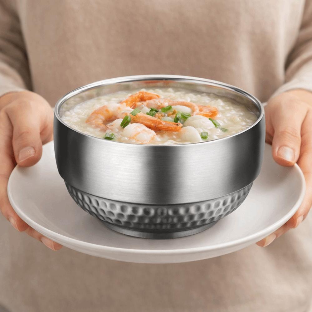 2 Piece Unbreakable Double-layer Rice Bowl Hammered Pattern Insulated Bowl Children's Bowl Canteen