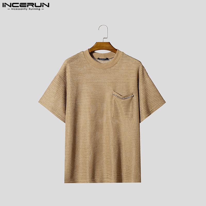 INCERUN Summer Men Short Sleeves Hollow See Through Casual Loose Basic T-shirts