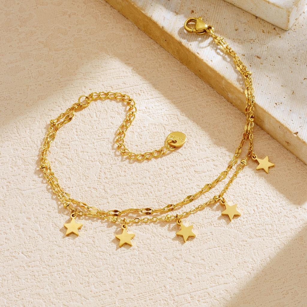 DIEYURO 316L Stainless Steel Golden Star Multi Pendant Sparkling Double layer Bracelet Women Trend Fashion Hand Chain Jewelry