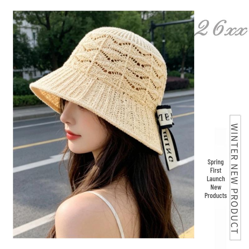 Korean Style Hollow Knit Women's Summer Bucket Hat - Sun Protection, Face Slimming, Hand-Knitted, Versatile.