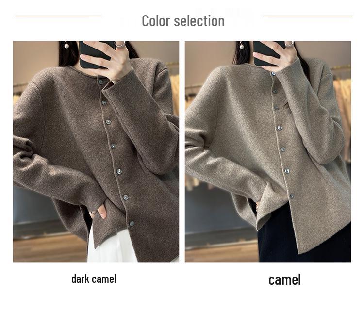 2025 Women's Autumn/Winter Slimming Wool Knit Cardigan - Round Neck, Rolled Edge, Solid Color Sweater Coat