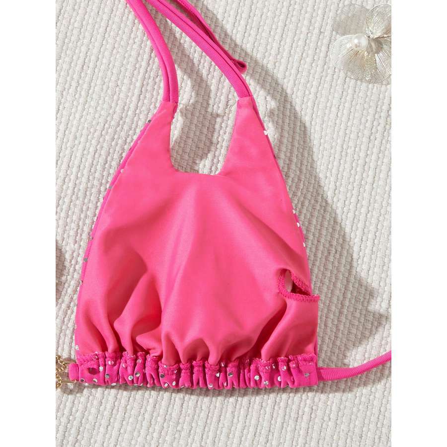 European and American Sexy Swimsuit Women's Rose Pink with Diamond Bikini Triangle Cup Lace-up Split Bikini Swimsuit Women