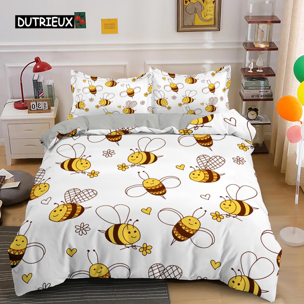 Süße Cartoon-Biene Bettbezug King Queen Honig Bettwäsche Set Kinder Jungen Mädchen Frühling Gelb Polyester Bettdeckenbezug