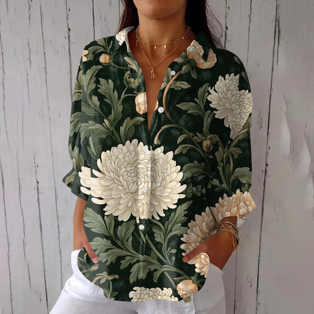 Women's Fashion 3/4 Sleeve Casual Lapel Back Tie- Floral Print T-Shirt Top