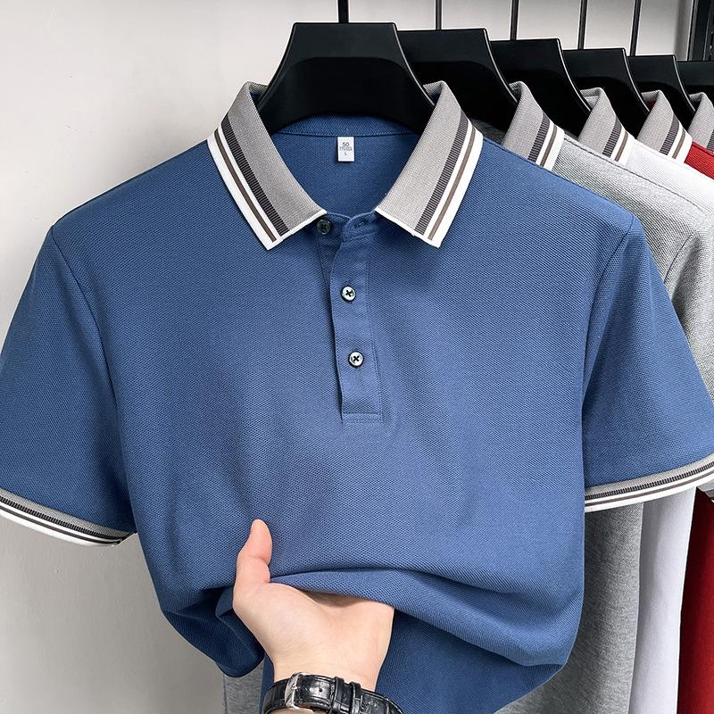 Men's Casual Lapel Polo T-Shirt - Cross Stripe Short Sleeve, Summer Wear for Young and Middle-aged