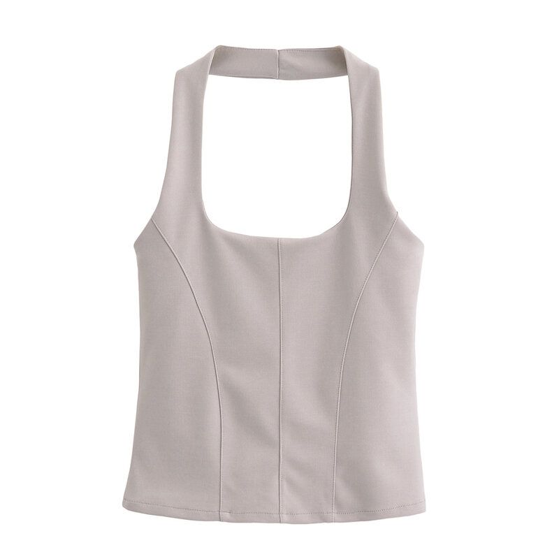 Fashion Style 2024 Autumn New Women's Clothing Double-Sided Cloth Stretch Sleeveless Open Back Hanging Collar Tops 3641835