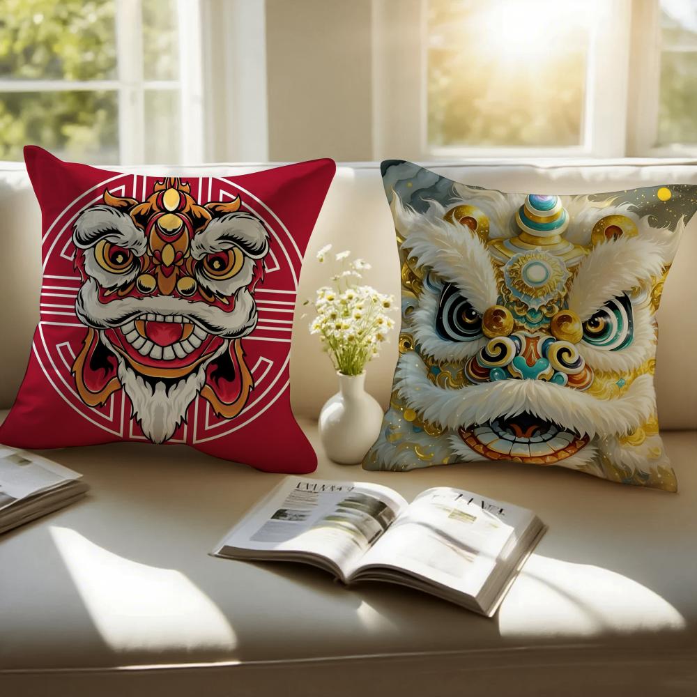 Traditional Dancing Lion Anime Lucky Cushion Cover Pillowcase Antidustmite Invisible Zipper Short Plush Sofa Cushion