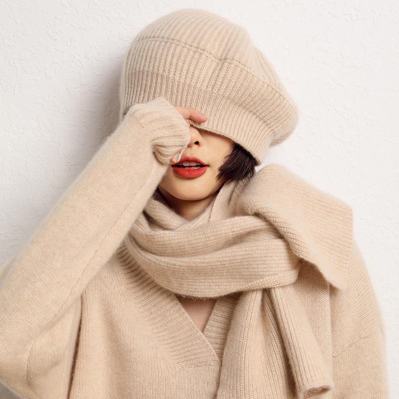 Cashmere Autumn and Winter New Women's High End Solid Color Knitted Outdoor Warm Outer Wear Ingot Needle Beret Hat
