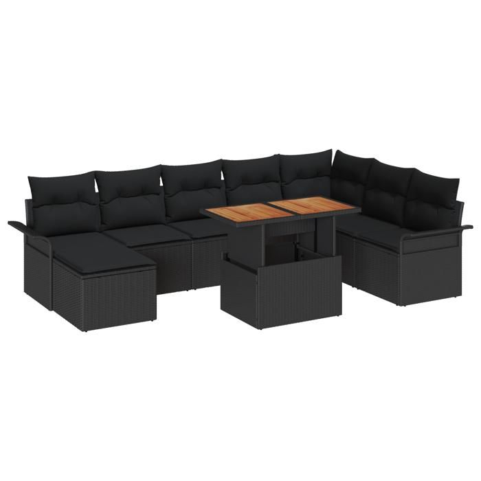 VidaXL Ensemble de salle à manger de jardin 9 pièces avec coussins Noir Poly Rattan Acacia 3349372