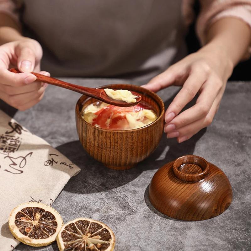 1 pièce Bol en bois avec couvercle Bol à soupe miso Sécurité enfant Anti-brûlure Bol à riz et salade Bois naturel Vaisselle de service Noix Pour