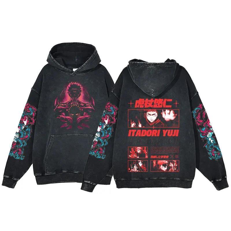 Anime Jujutsu Kaisen Ryomen Sukuna Print Washed Hooded Men Manga Vintage Hoodies Casual Cotton Streetwear Harajuku Sweatshirt