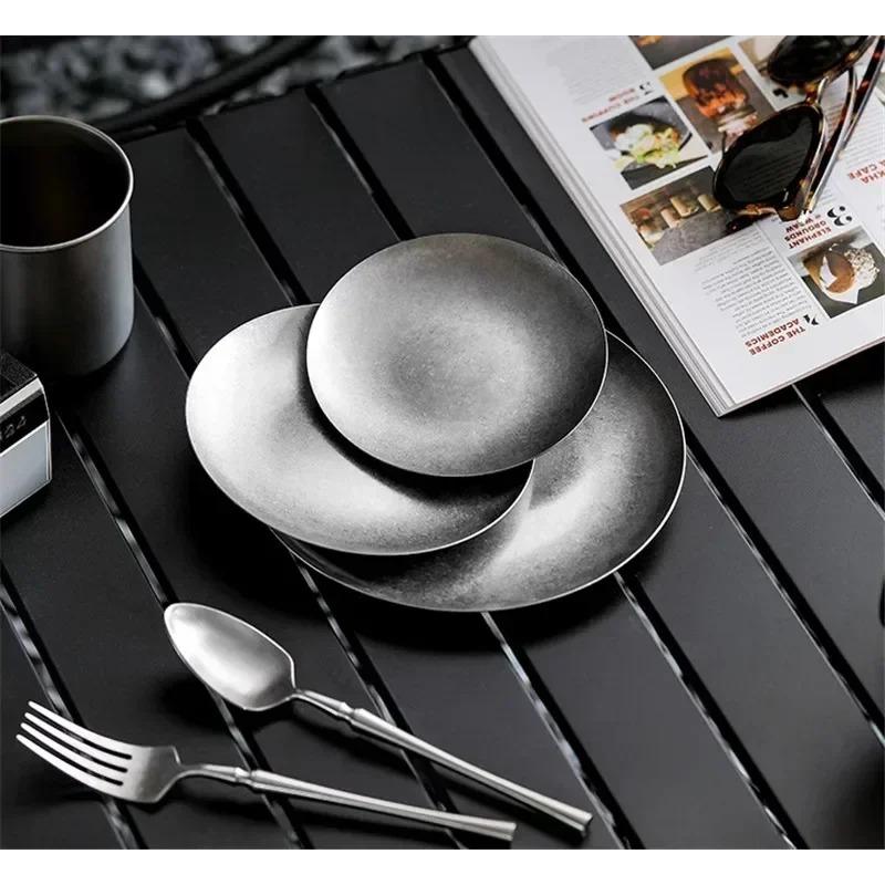 304 Round Vintage Dessert Plate Creative Steak Pasta Plate Stainless Steel Dining Cake Tray Shallow Plates Set Japanese Dishes