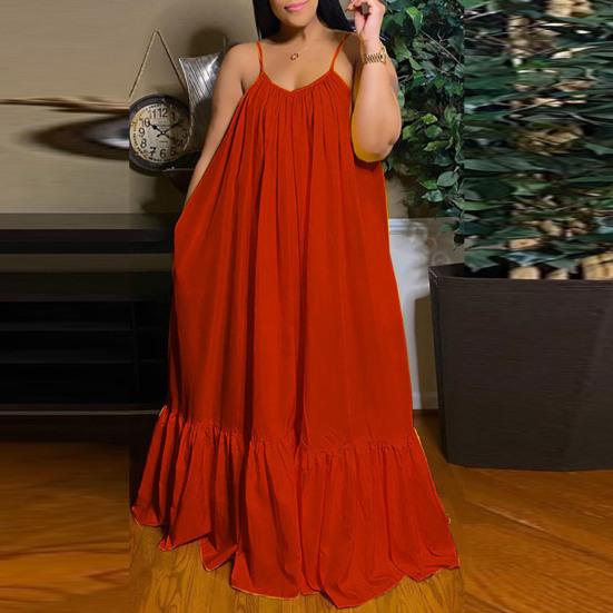 Maxi Dress Backless Casual Floor-length Solid Color Big Swing Strap Pocket Sling Dress for Beach