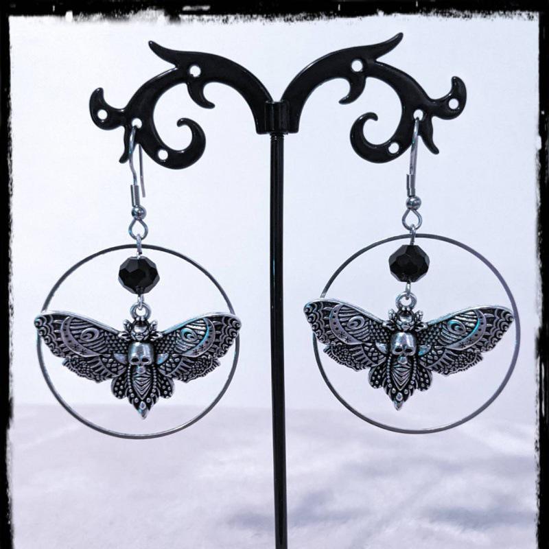 Silver Skull Moth Pendant Earrings: European American Gothic Fashion