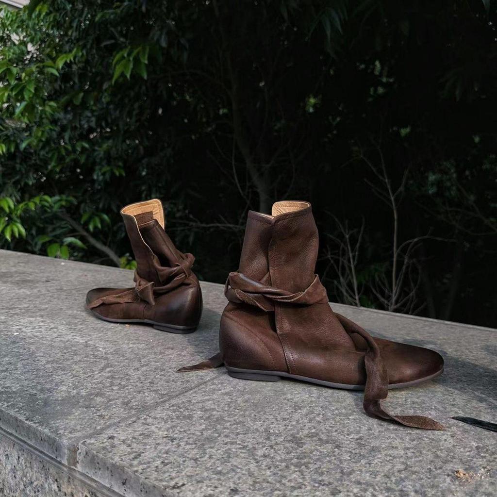 Cowhide version niche minimalist comfortable leather boots martin boots women's retro old round head bow wrap belt short boots