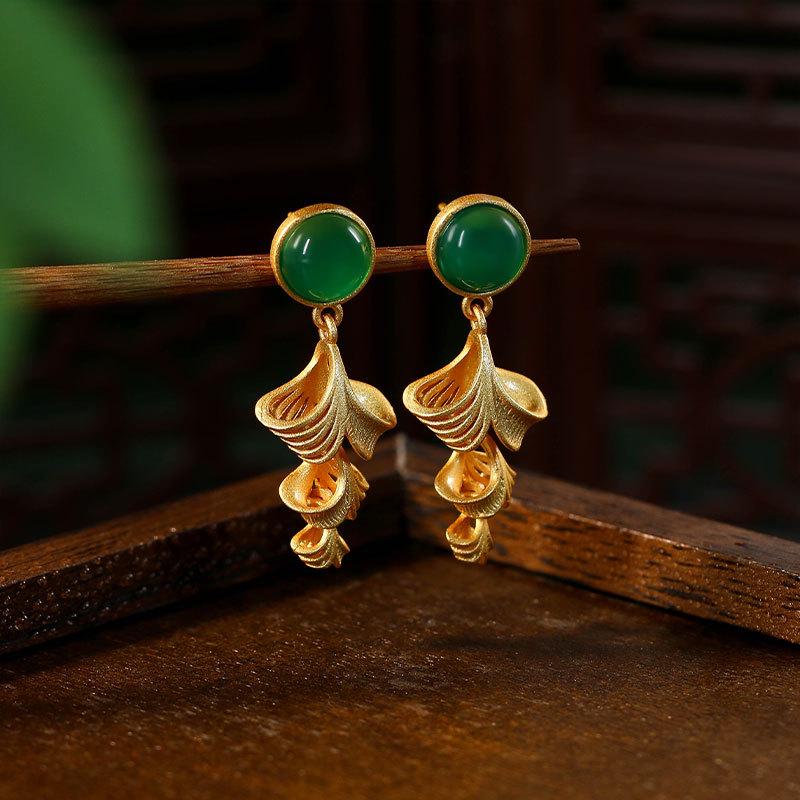 Aieryuan Vergoldete Ginkgoblatt Jade Ohrstecker