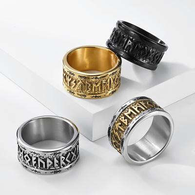 Men's Viking Rune Ring, 4 Colors Norse Totem Titanium Steel Band, Vintage Gothic Amulet Jewelry, Nordic Style Finger Ring for Men, Punk Biker Gift