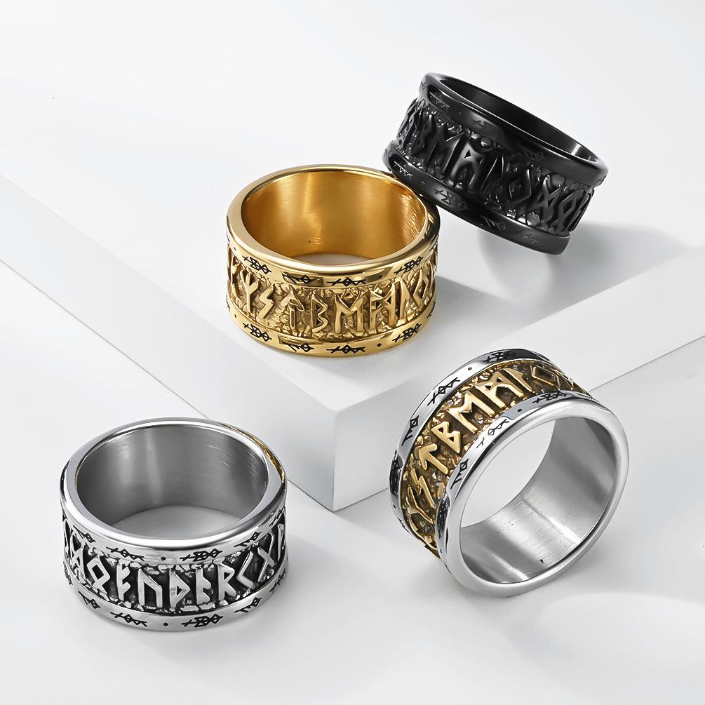 Men's Viking Rune Ring, 4 Colors Norse Totem Titanium Steel Band, Vintage Gothic Amulet Jewelry, Nordic Style Finger Ring for Men, Punk Biker Gift