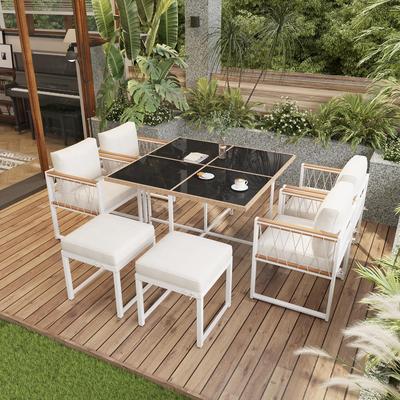 7-piece Garden Dining Set, Dining Table Set for 6 People, Table with Tempered Glass & PE Rattan Wrap, Chairs with Acacia Wood Armrests