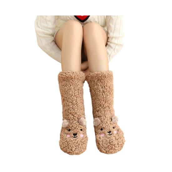 

Fuzzy Bear Slipper Socks Thick Plush Cute Animal Socks with Bear Ears Fluffy Winter Anti-Slip Floor Socks for Home Bedroom Living коричневий