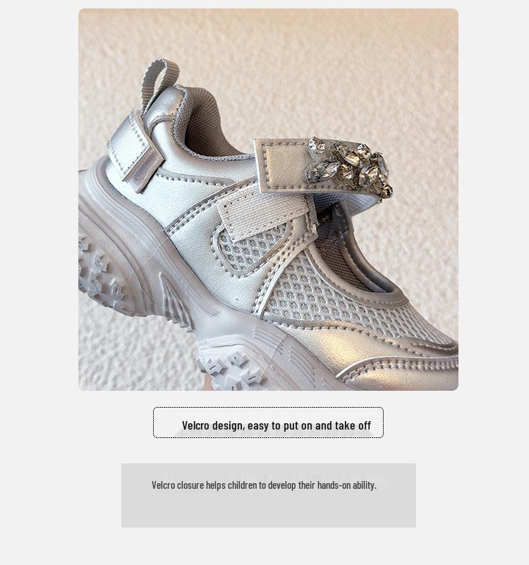 Silberne Prinzessin Schleifenschuhe - Geschlossene Strasskristall-Abendschuhe für Mädchen mit weicher Sohle und hohen Absätzen