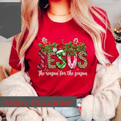 Jesus är Gud Kvinna Jul Röd T-shirt Nyår Jul Minne av Jesus Kristus Högkvalitativ Bomull Tryckt T-shirt Festtoppar