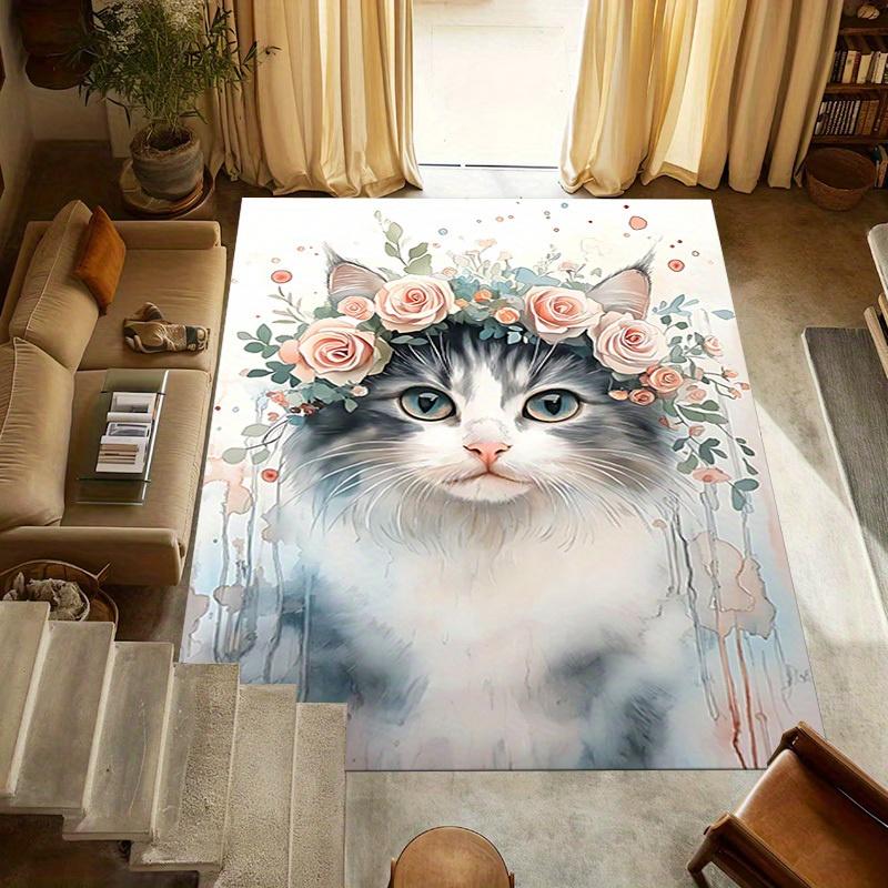 1pc Flower Crown Cat Themed Rug for Home Decor, Non-slip Office Carpet, Chair mat, Outdoor Mat, Christmas and Halloween gifts-0731023