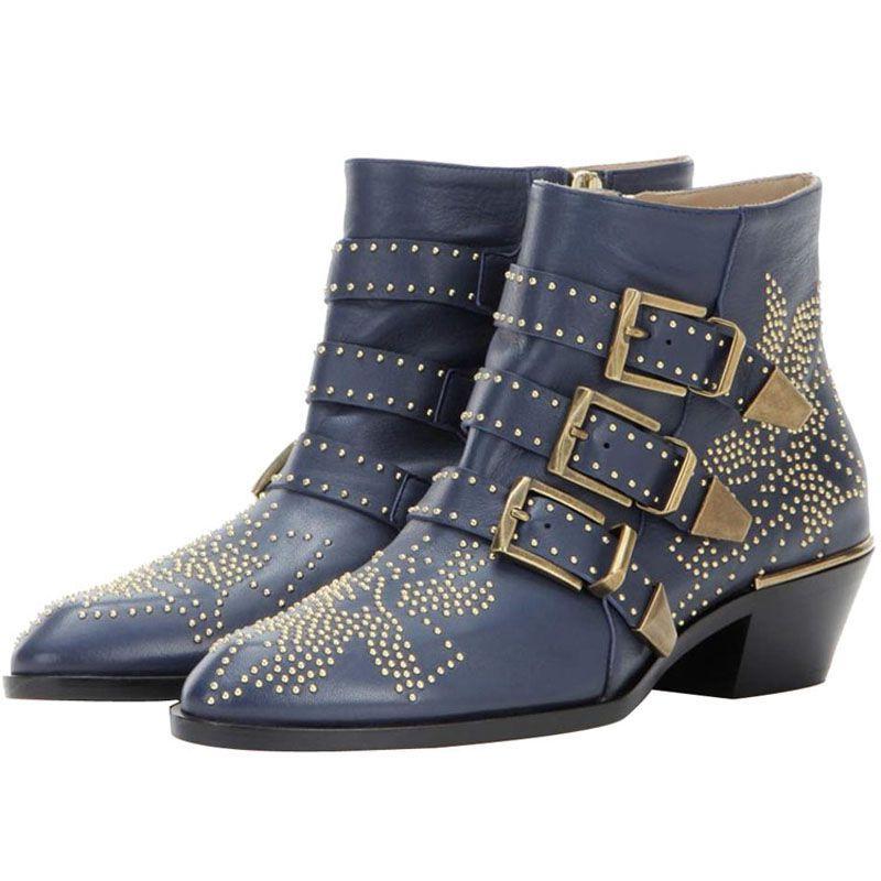 Fashion Brand Catwalk Rivet Cow Leather Short Boots Autumn Winter Retro Large35-45 Ankle Boots4cm Thick Heel Rock Night Club Women Shoes