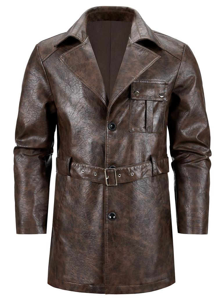 Men's Korean Style PU Leather Mid-Length Windbreaker Jacket