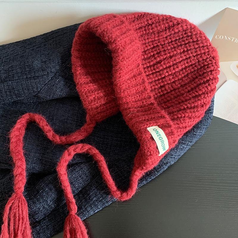 

Шапка-балаклава женская зимняя теплая вязаная шерстяная шапка с открытым лицом, шапка с маленькой защитой ушей, для большой головы M（55-59cm） красный