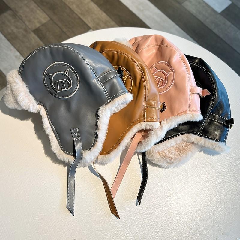 Thunderbolt Hat Female Fall and Winter Thickened Warm PU Leather Plush Cap Outdoor Skiing Cold Protective Ear Cap Flight Cap Male