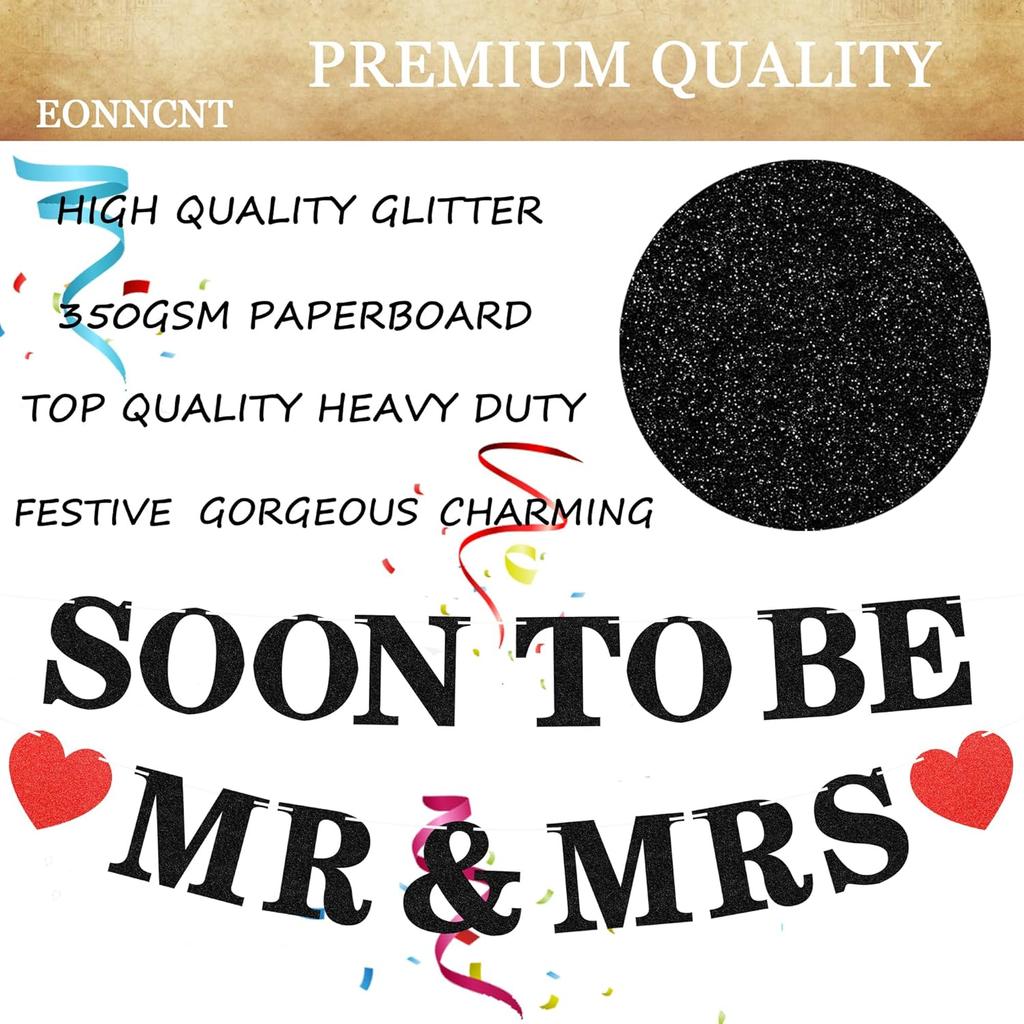 Pre-strung Soon to Be Mr & Mrs Banner - Black Glitter Bridal Shower Decorations for Wedding, Engagement or Bachelorette Party Photo Booth Props