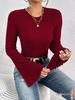 Burgundy Bell Sleeve Round Neck T-shirt - Autumn/Winter Versatile Top
