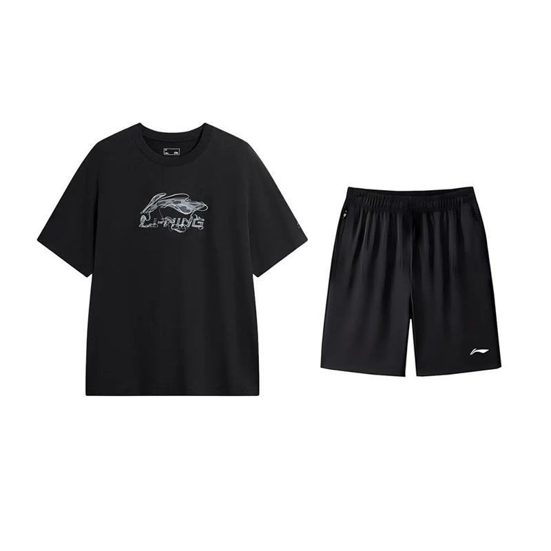 Li Ning Logo Print Round Neck Short Sleeve T-Shirt Fashion Trendy Versatile Shorts Casual Sports Suit Unisex suit AHSVD57-1+AKSV843-1