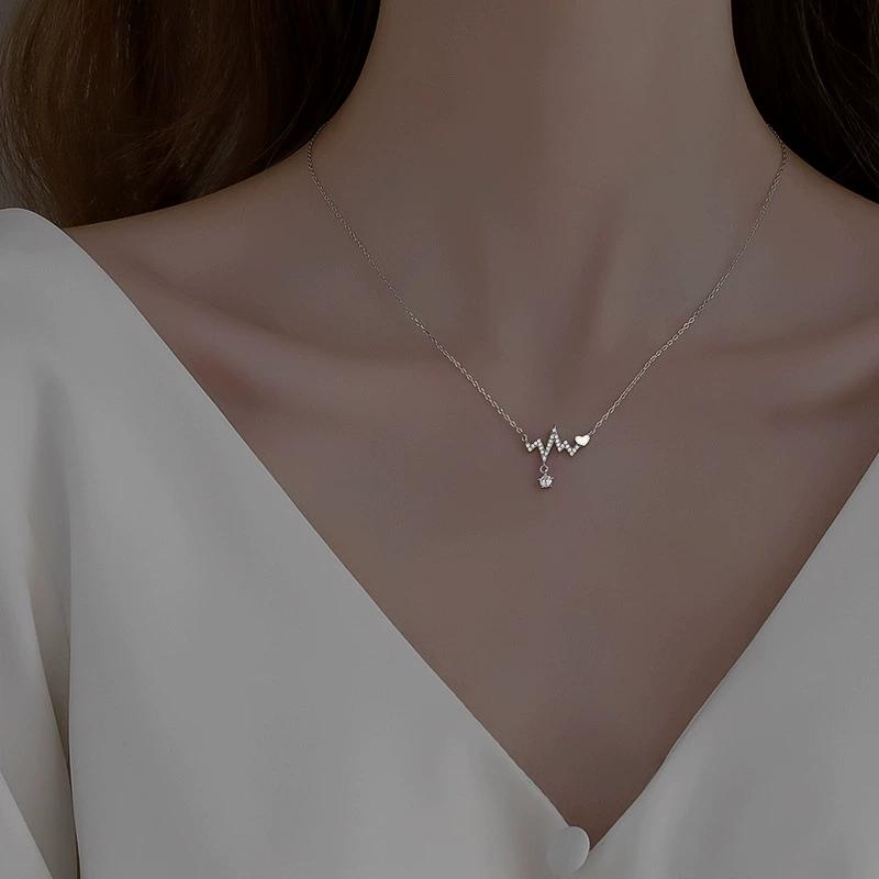FY-1608 925 Sterling Silver Rhodium Plated Cute Christian Heartbeat Electrocardiogram Rope Chain Women's Pendant Necklace