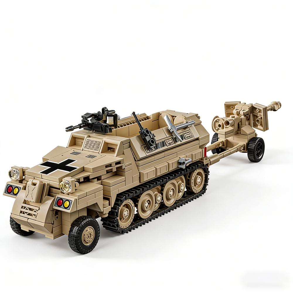 World War 2 WW2 Army Military Soldiers SWAT Half Tracked Armor Vehicle Trailer Assemble Building Blocks Bricks Children's Toys