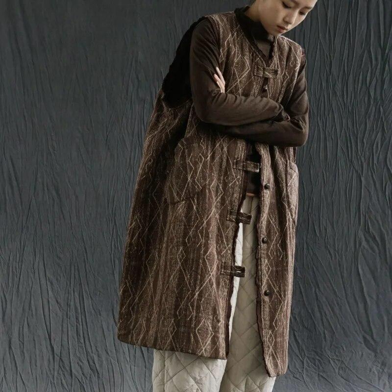 Johnature נשים סגנון סיני פלוס כותנה אפודות מעילים צווארון וי הדפס פרחוני כפתור אביב רפוי וינטג' נשים אפודות ארוכות