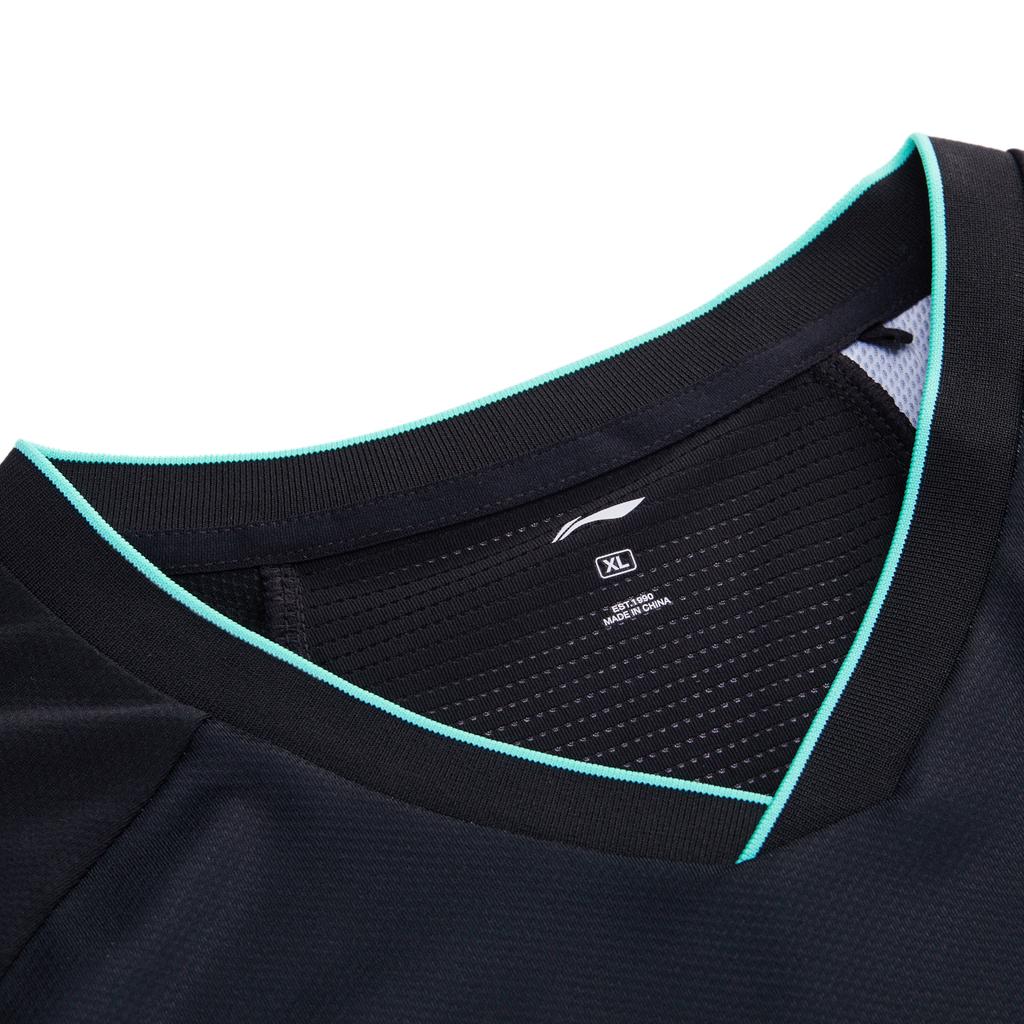 Li-Ning Badminton Series Printed V-Neck Comfortable Breathable Versatile Short Sleeve Badminton Shirt Unisex Tops Black AAYU225-1
