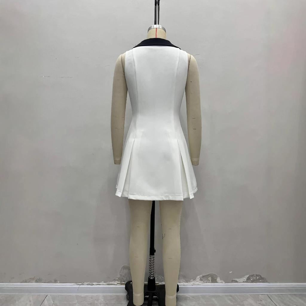 Women's Sleeveless Dress, Off White, Black Collar, Gold Square Buttons