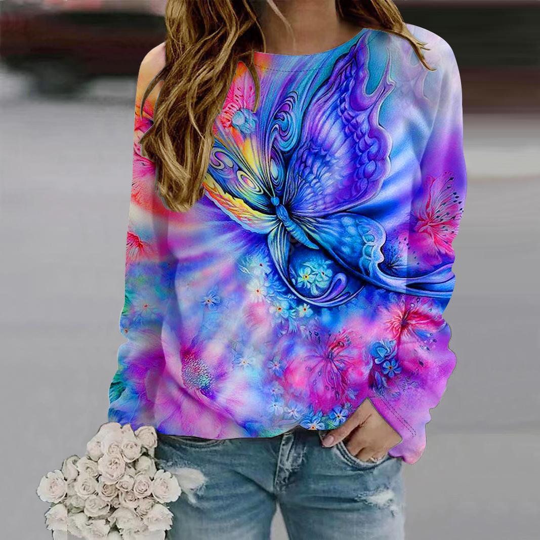 

Осенняя женская модная футболка с круглым вырезом и длинным рукавом, свободная одежда, синяя футболка с принтом бабочки и колокольчиком для девочек, уличная 8XL светло-синий