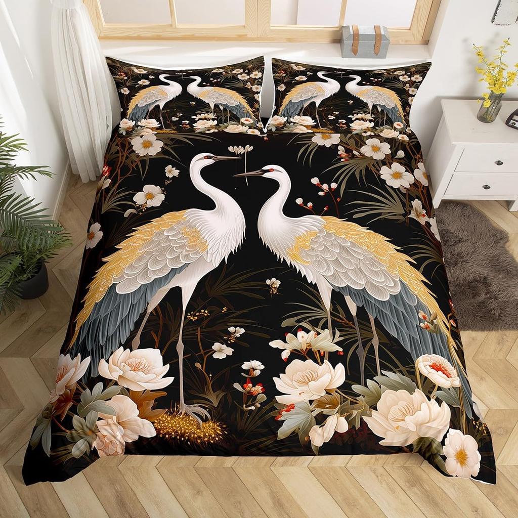 Crane Duvet Cover Twin King Traditional Chinese Style Painting Quilt Cover Chrysanthemum Flower Floral Bedding Set For Dorm Room